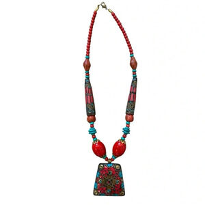 Vintage Womens Tibetan Tourquise Red Quarts Beaded Statement Necklace Boho